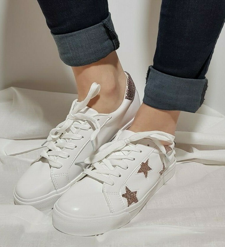 NEW WOMEN'S SHOES SNEAKERS PUMPS WHITE SHINNY PINK STARS EMBELLISHED M891 | eBay